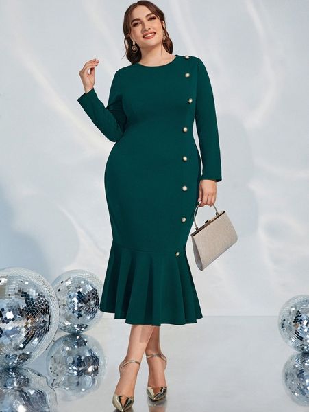 

plus button detail mermaid hem dress 5303#, Black