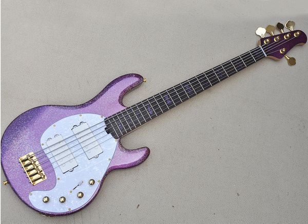 5 Strings Sparkle Purple Electric Bass Guitar com braço de rosa de pau -rosa