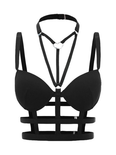 

romwe goth solid cut out heart-ring linked bralette c23m#, Black;red