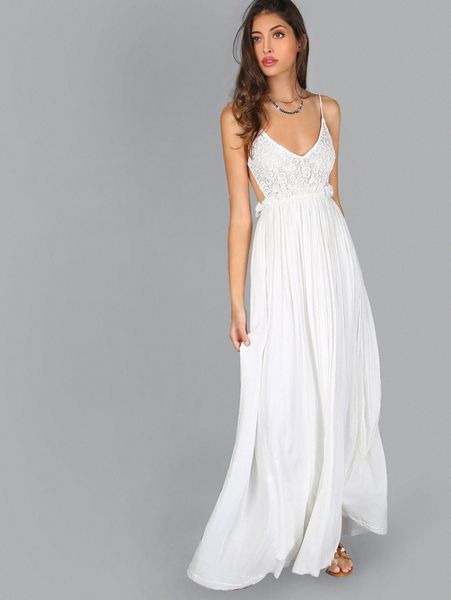 

lace overlay backless pleated maxi dress g6jo#, Black;gray