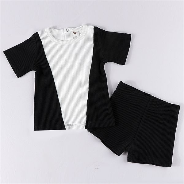 

boy s set summer clothes 2pcs and short black ribbed kid baby boy round neck sleeve contrast patch 220620, White
