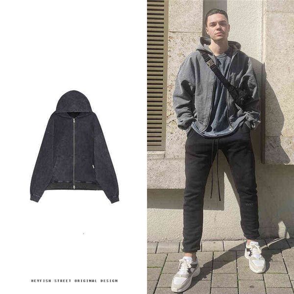 

zipper present hooded coat high street wash used casual cardigan sweater, Black