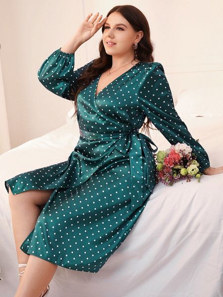 

plus polka dot lantern sleeve wrap belted dress 69up#, Black
