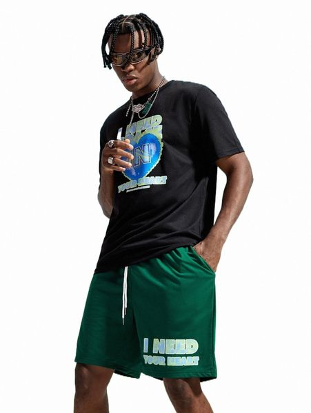 

romwe limited guys slogan graphic tee & shorts w8bf#, Gray