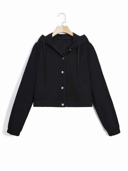 

plus button front hooded denim jacket n23v#, Black;brown