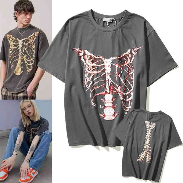 

2022 fashion brand design men and women with the same style factory direct sales skeleton damage print short sleeve men's loose t-shirt, White;black
