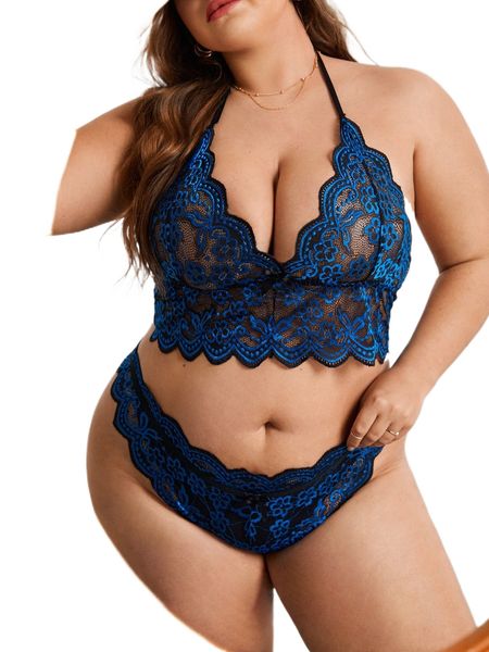 

plus floral lace scallop trim lingerie set c0fs#, Black;white