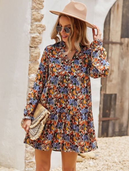 

notched neck ruffle hem babydoll dress 96nn#, Black;gray