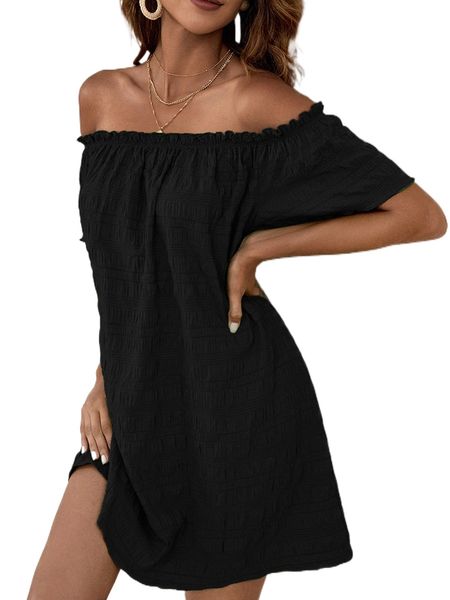 

frilled off shoulder tunic dress h6gy#, Black;gray