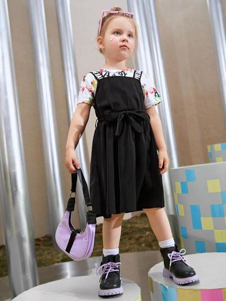 

toddler girls letter graphic tee & letter print belt dress she, White