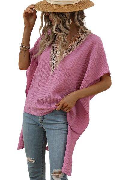 

batwing sleeve high low hem blouse r1x2#, White