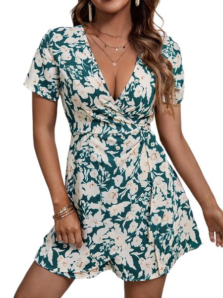 

floral print surplice neck wrap dress w3j0#, Black;gray