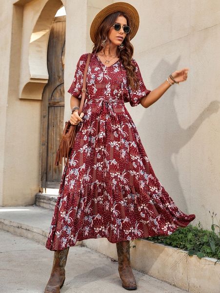 

floral print ruffle hem belted dress j5zo#, Black;gray