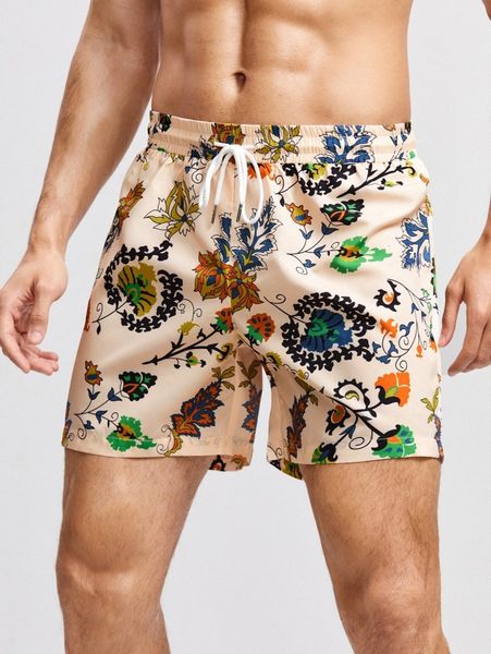 

men floral print drawstring waist shorts l7lq#, White;black