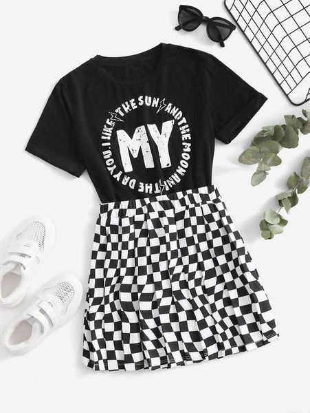 

girls slogan & lightning pattern tee & checker print skirt she, White