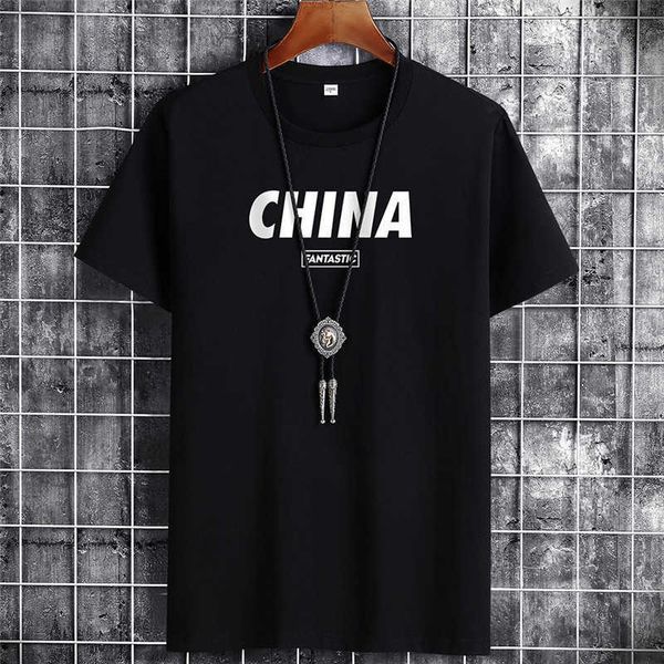 

new pure cotton short sleeve t-shirt men's round neck loose large t-shirt backing shirt men's half sleeve text t-shirt-ch, White;black
