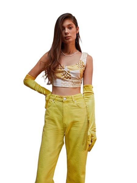 

x paloma polka dot plaid crop tank 20tu#, White