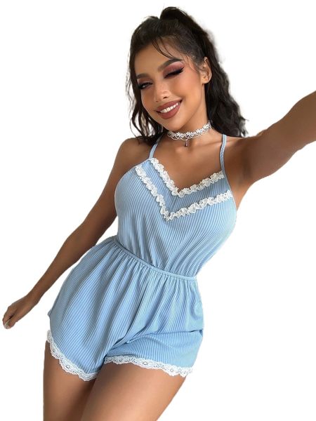 

contrast lace crisscross backless sleep romper m8lh#, Black;red