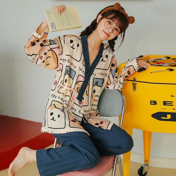 

women kimono pajamas autumn knitted cotton sleepwear set cartoon long sleeve v-neck casual soft xxl female homewear, Black;red