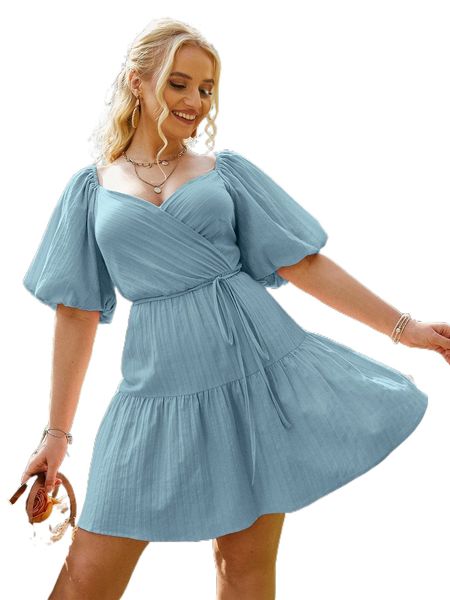 

simplee plus a-line puff sleeve knotted ruffle hem wrap dress f5hw#, Black