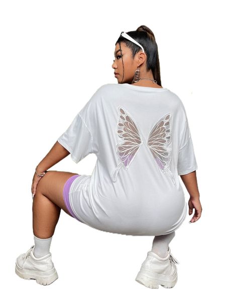 

plus butterfly embroidered cut out back drop shoulder tee l9vr#, Black