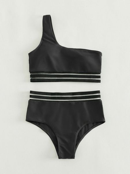 

solid contrast mesh one shoulder high waist bikini swimsuit 1819#, White;black