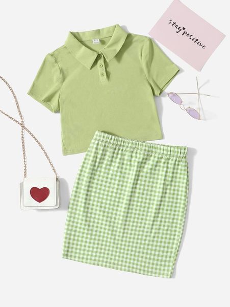 

teen girls solid half button placket & gingham skirt set she, White