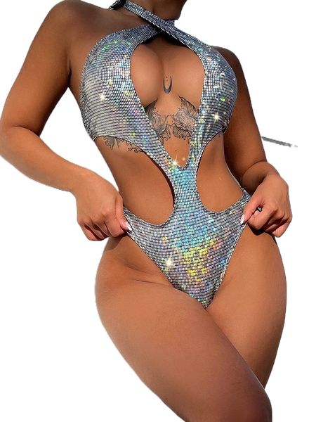 

metallic cut-out one piece swimsuit 62zw#, White;black