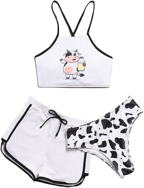 

women's 3 pieces cow print straps bikini swimsuit with shorts 85cr#, White;black