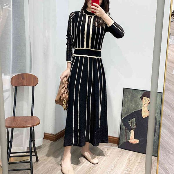 

casual dresses s home autumn and winter court style striped elegant knitted dress women's long sleeved waist slim skirt 8nf0, Black;gray