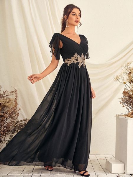 

ruffle trim appliques chiffon prom dress s6qz#, Black;gray