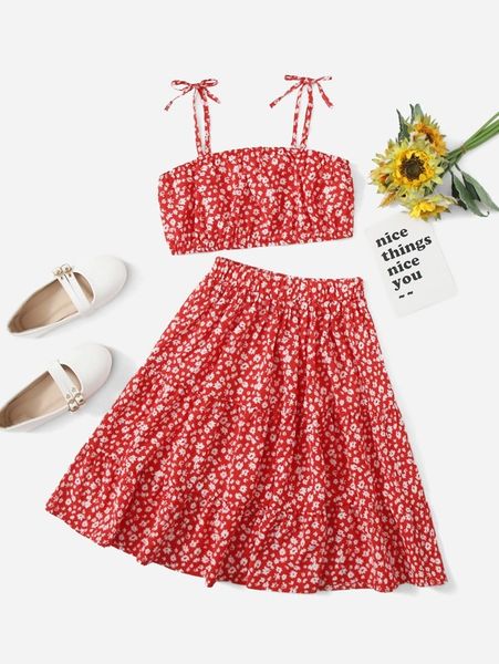 

girls ditsy floral print knot shoulder cami & ruffle hem skirt she, White