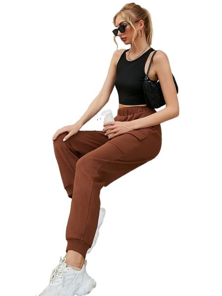 

flap pocket elastic waist sweatpants x2xj#, Black;white