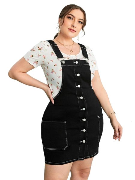 

plus button through patched pocket denim pinafore dress without tee a7ei#, Black