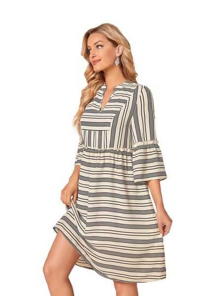 

emery rose striped notched neck flounce sleeve dress f9b0#, Black;gray