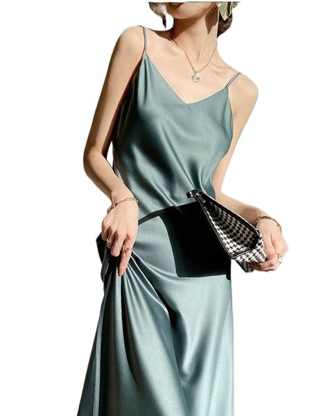 

dress for women 2022 simulated silk sleeveless long summer dress fashion, Black;gray