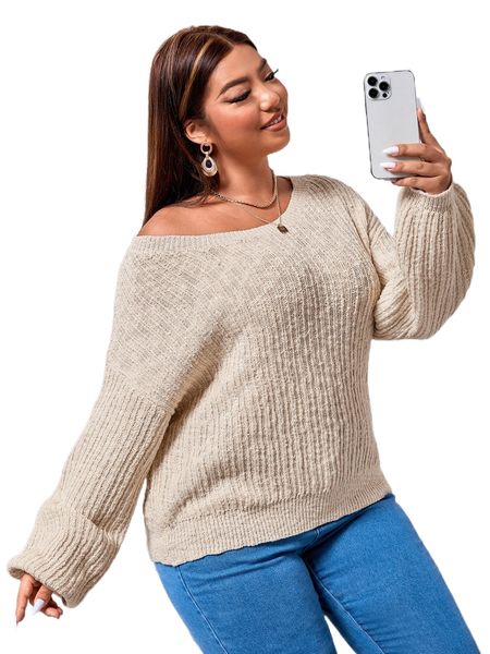 

plus drop shoulder ribbed knit sweater m62j#, Black