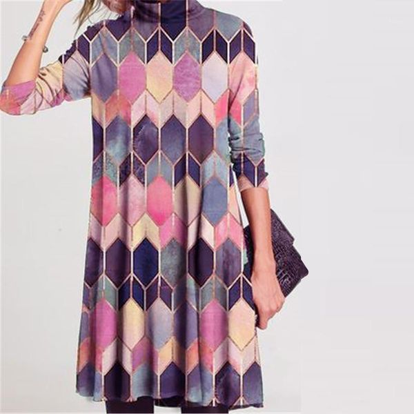 Graphic Fashion Woman Dress Donna Pittura a olio Stampato Collo alto Manica lunga Casual Kleider Damen Abiti vintage per