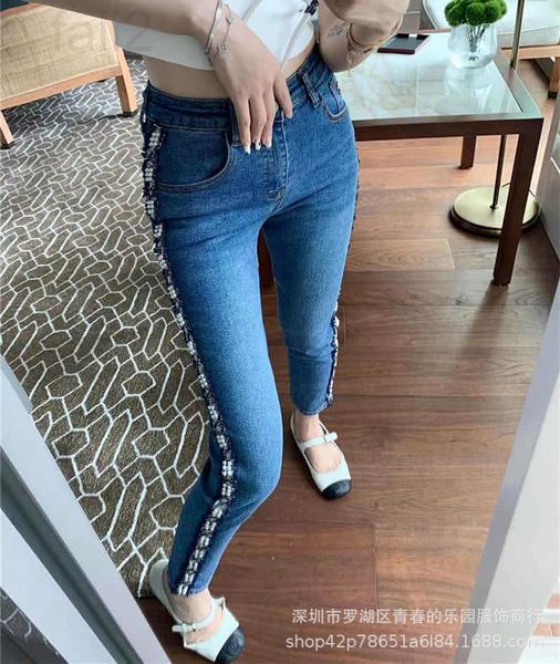 

women's jeans designer high version chel / xiaoxiangjia new product side webbing inlaid with pearl and velvet thick slim elastic jeans, Blue
