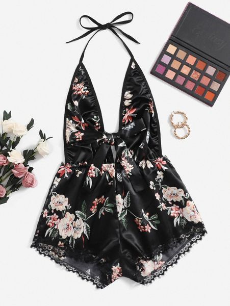 

floral print knot front eyelash lace trim satin teddy bodysuit a74e#, Black;red