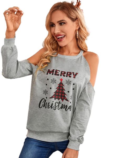 

christmas slogan & tree print cold shoulder pullover j6ta#, Black