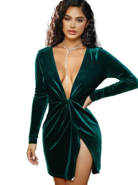 

sxy plunging twist front velvet dress b31t#, Black;gray