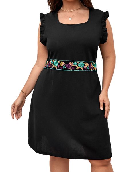 

plus floral embroidery ruffle trim dress o5jz#, Black