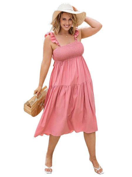

plus ruffle trim shirred tie back cami dress 3168#, Black