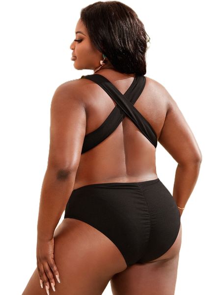 

plus rib cross backless one piece swimsuit s1bb#, White;black