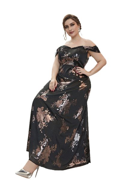 

plus floral print transparent strap maxi dress b4l7#, Black