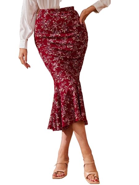 

allover floral print fishtail hem skirt a6ji#, Black
