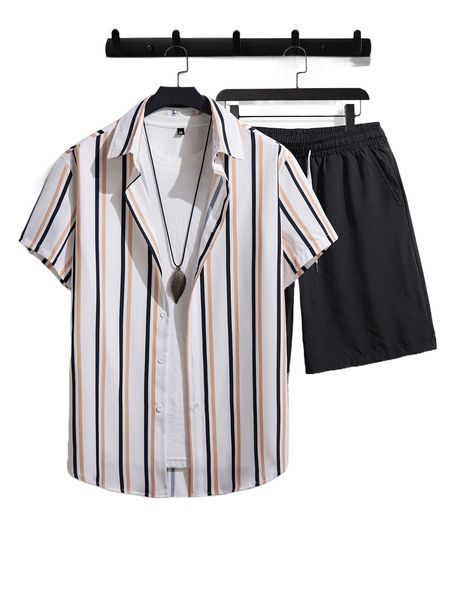 

men random vertical striped shirt & drawstring waist shorts without tee e0tj#, Gray
