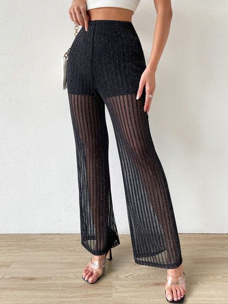 

striped metallic straight leg pants 49pr#, Black;white
