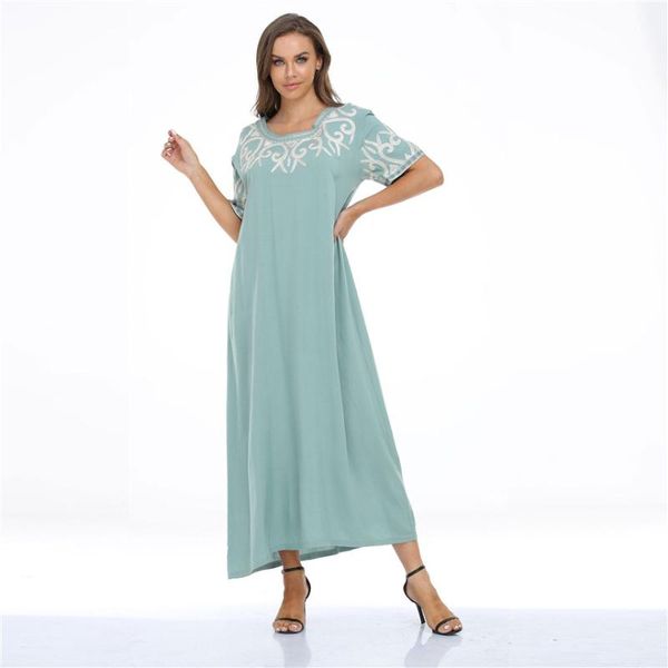 Ethnische Kleidung Sommer Marineblaue Kleider 2022 Muslimische Frauen Stickerei Oansatz Kurzarm Kleidung Urban Casual Dubai Arabisch Oman Robe